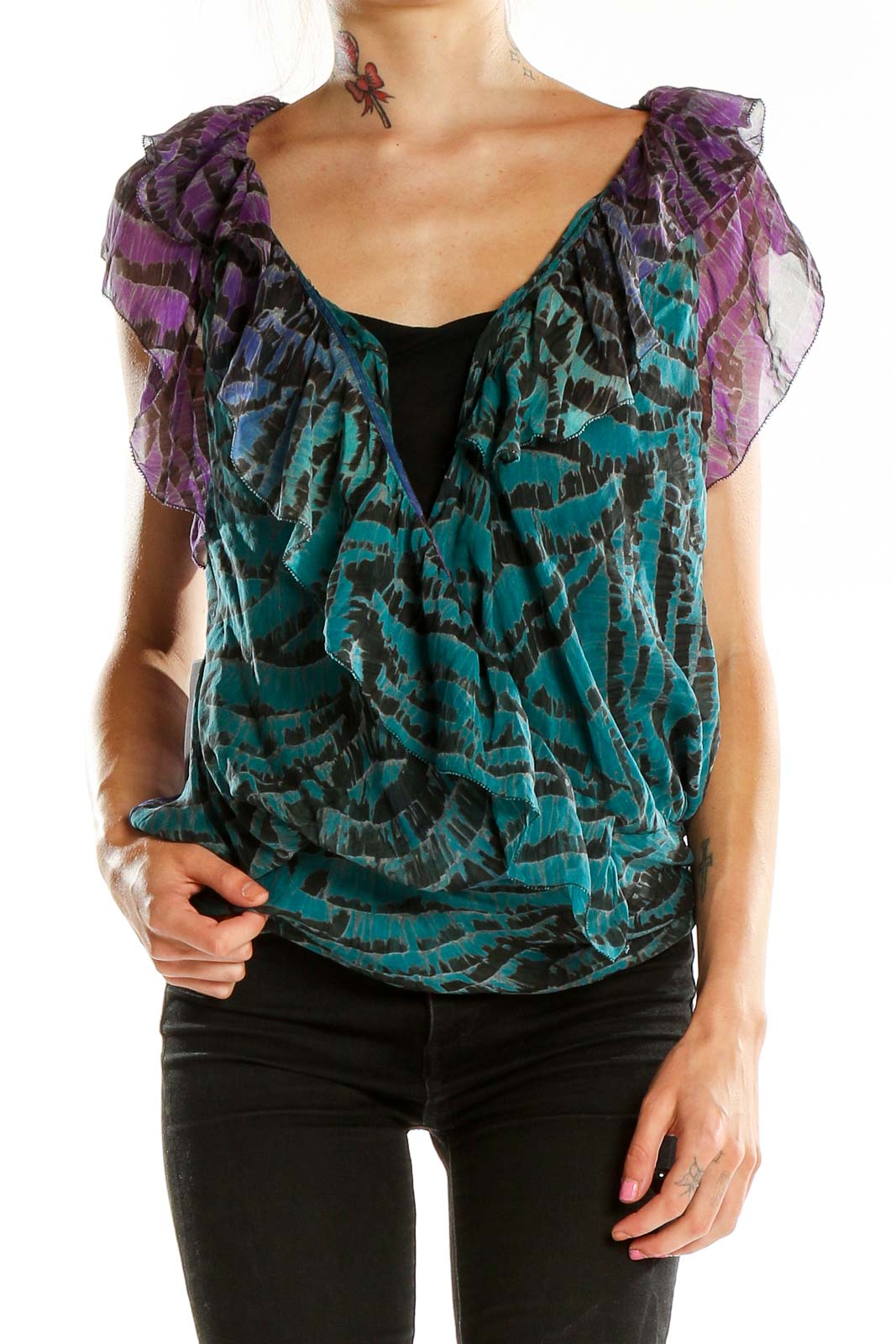 Front view of teal ombre silk ruffle blouse by Diane von Furstenberg