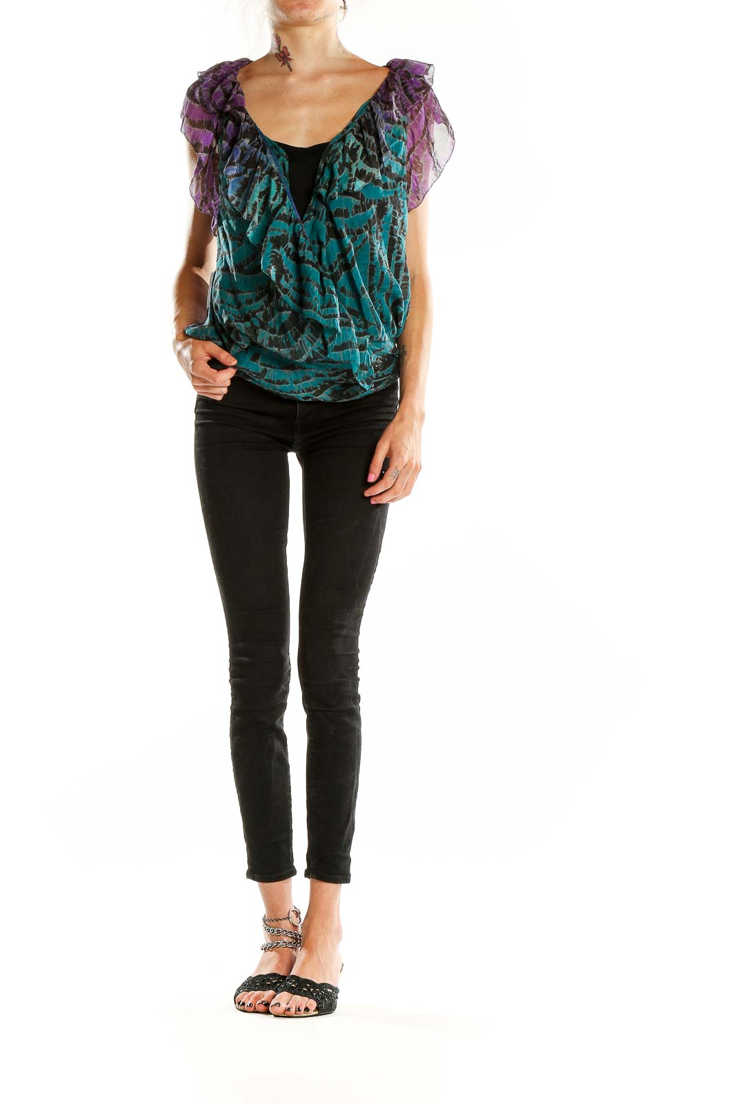 Front view of teal ombre silk ruffle blouse by Diane von Furstenberg