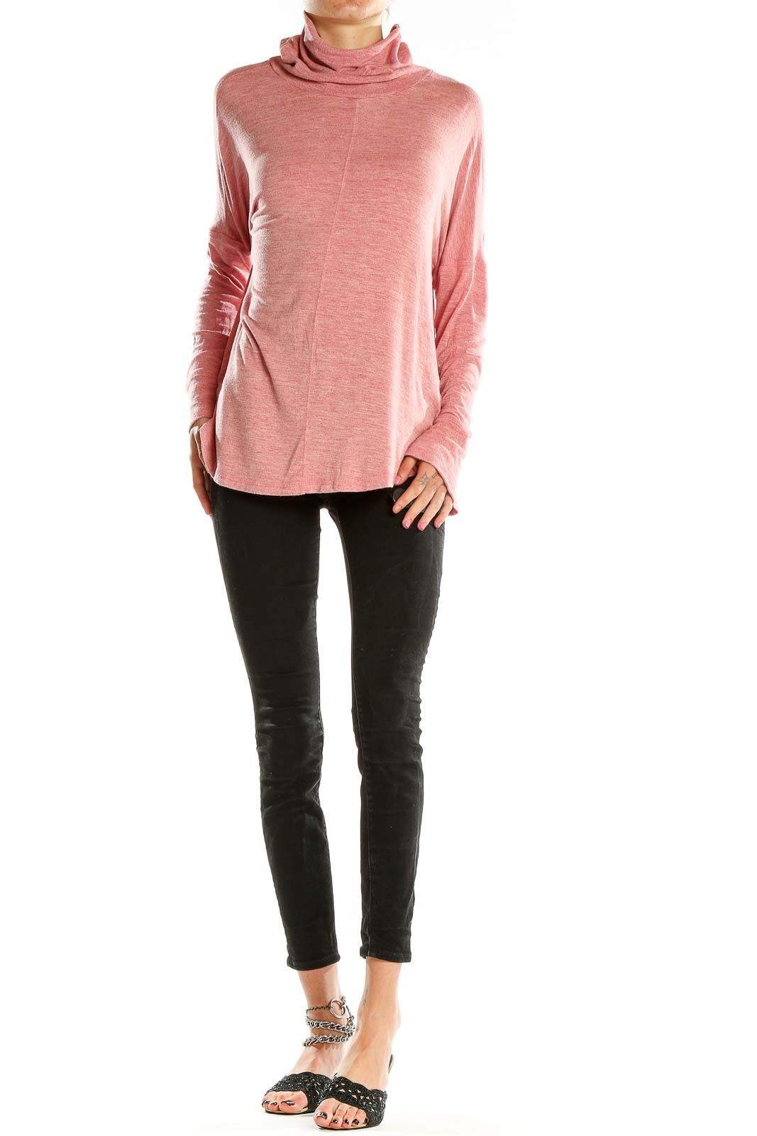 Front view of Rachel Zoe pink cowl neck top with long sleeves