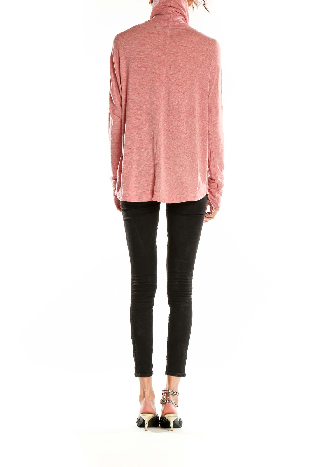 Back view of Rachel Zoe pink cowl neck top on model with black pants