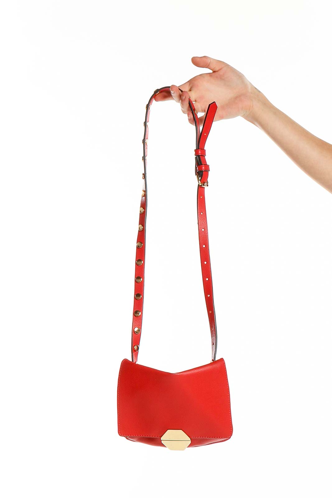 Front view of red Zara crossbody bag with gold clasp