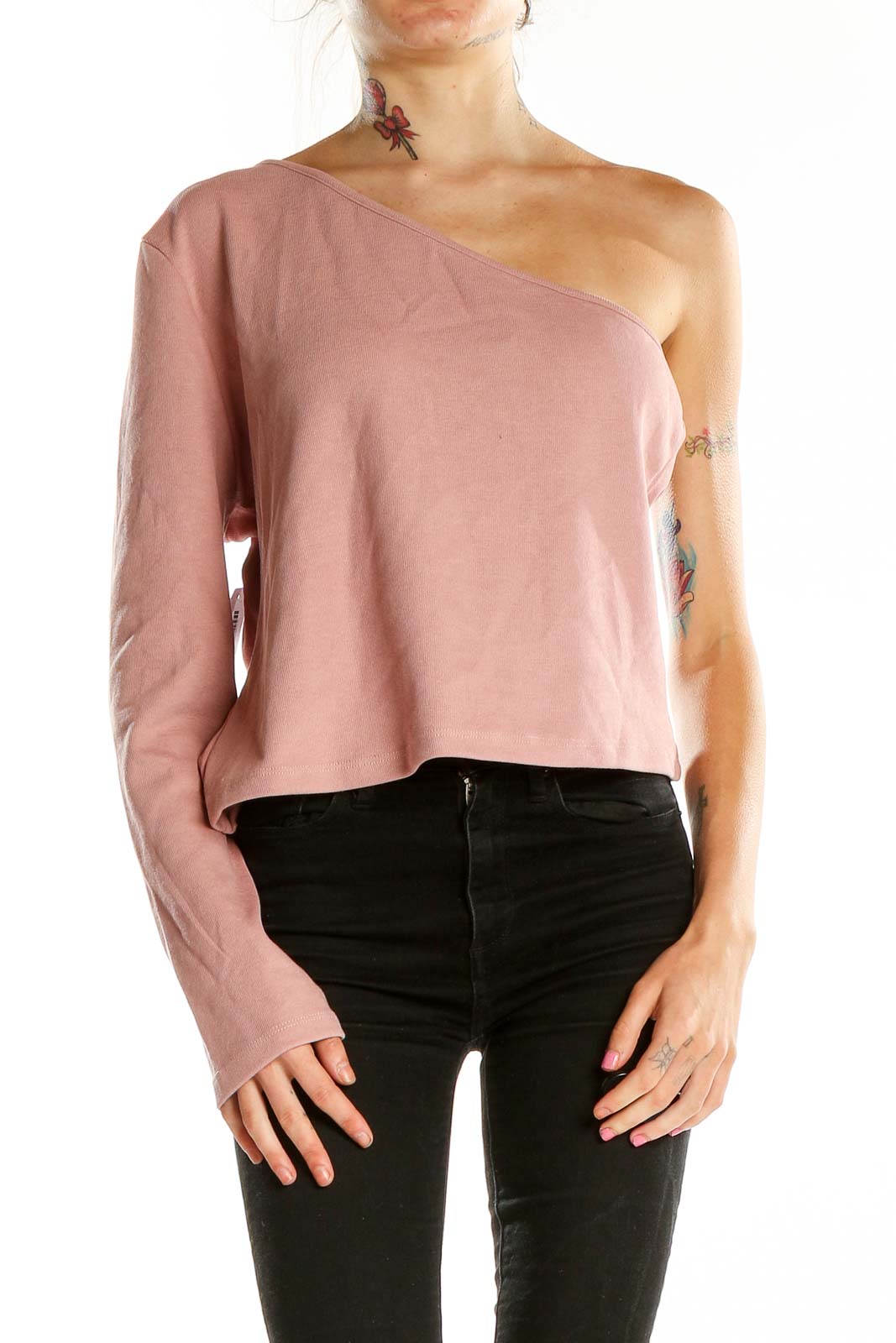 Front view of Anthropologie blush pink one-shoulder cropped top