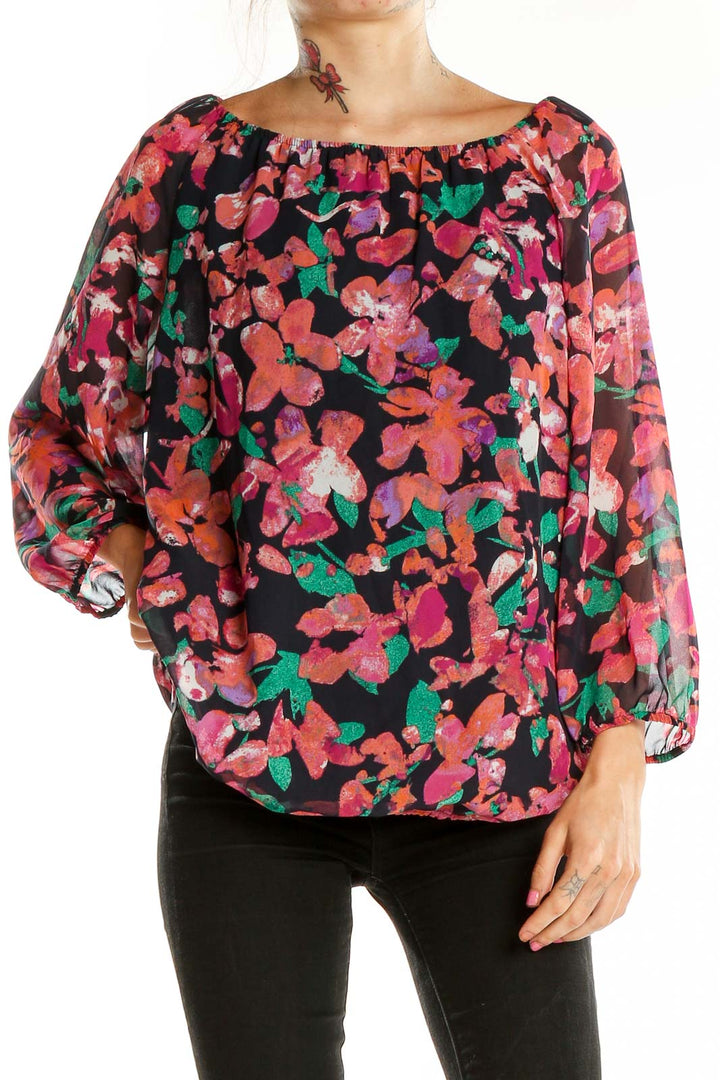 Front view of Ann Taylor multicolor floral print off-shoulder blouse