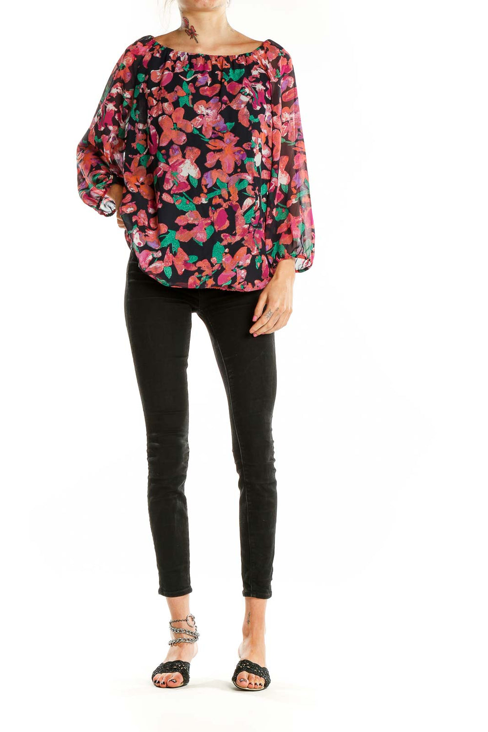 Front view of Ann Taylor multicolor floral print off-shoulder blouse