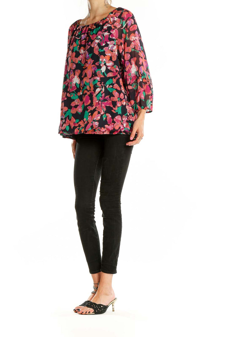 Front view of Ann Taylor multicolor floral print off-shoulder blouse