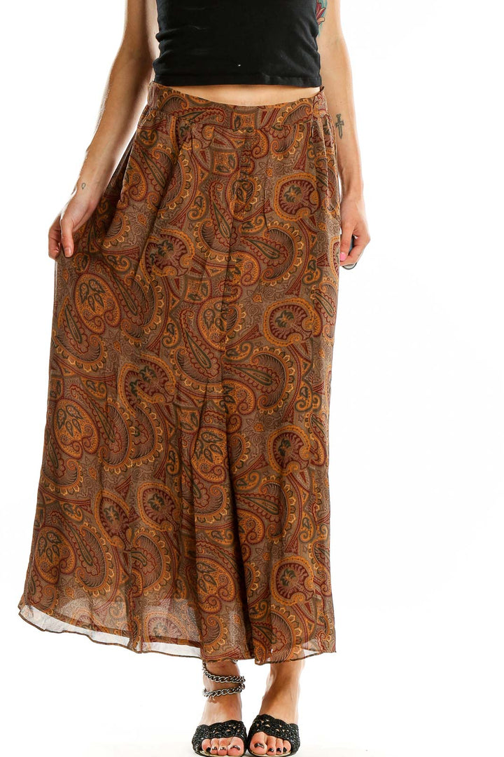 Front view of brown paisley maxi skirt by Linda Allard Ellen Tracy