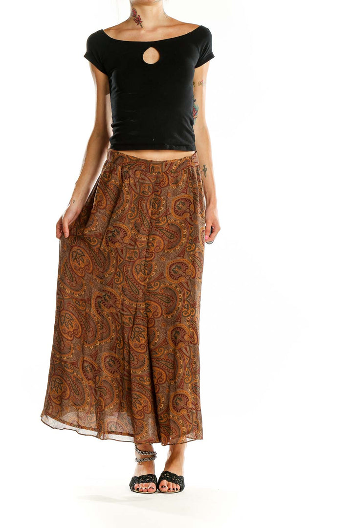 Front view of brown paisley maxi skirt by Linda Allard Ellen Tracy