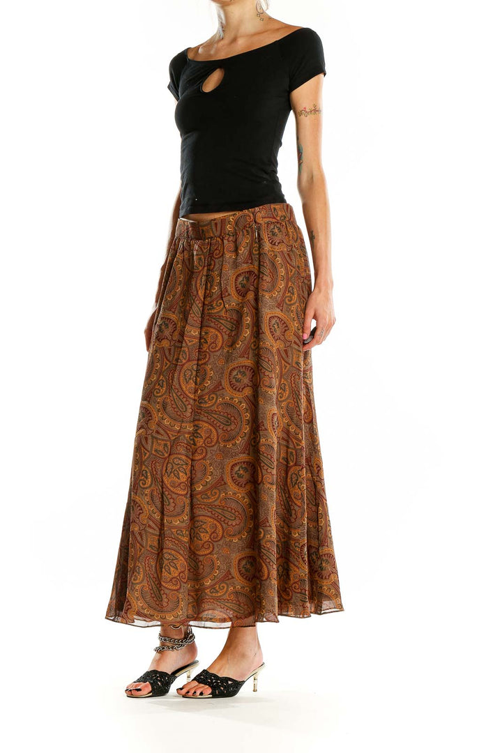 Front view of brown paisley maxi skirt by Linda Allard Ellen Tracy