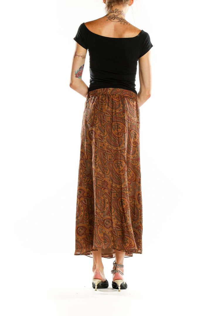 Back view of brown paisley maxi skirt showing full length and pattern