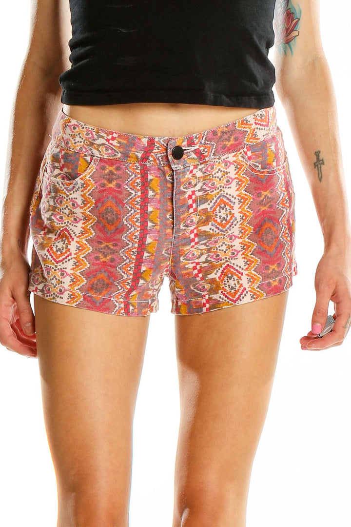 Front view of Aqua pink geometric print cotton-linen shorts