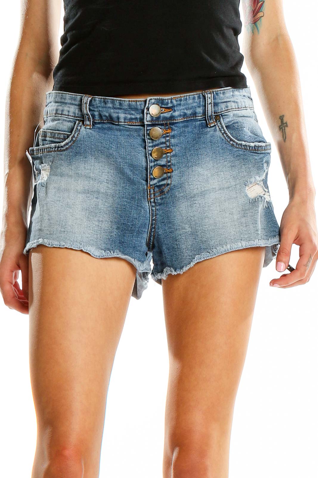 Front view of Billabong light blue distressed denim shorts with button-fly closure