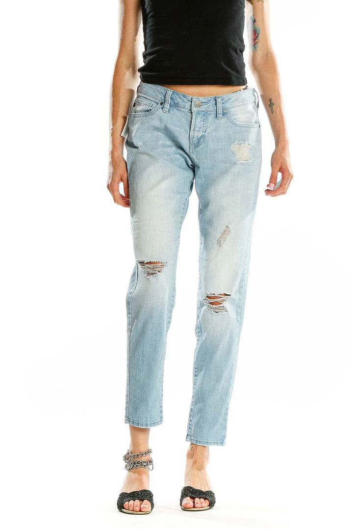 Front view of Dear John light blue distressed boyfriend jeans with rips