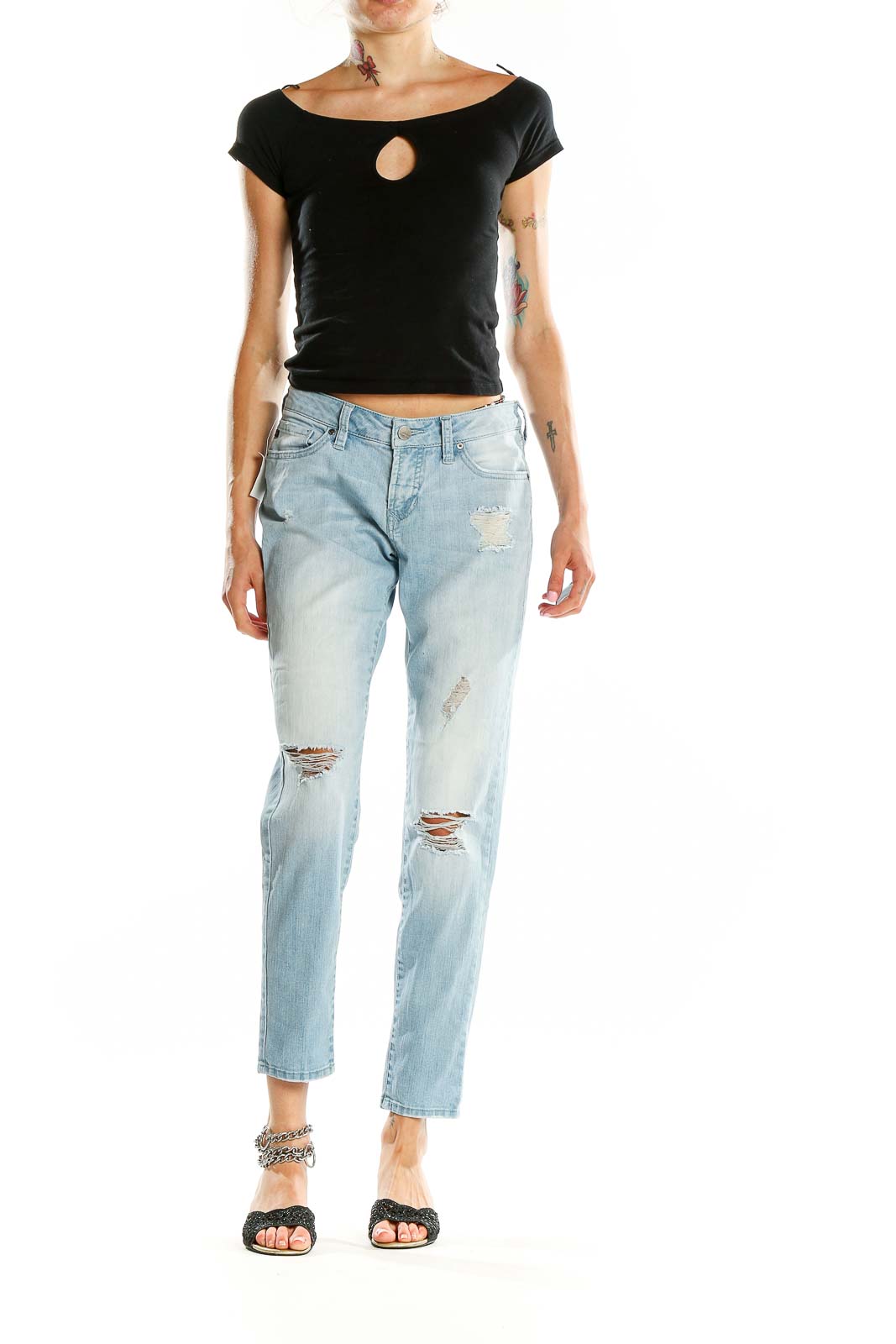 Front view of Dear John light blue distressed boyfriend jeans with rips