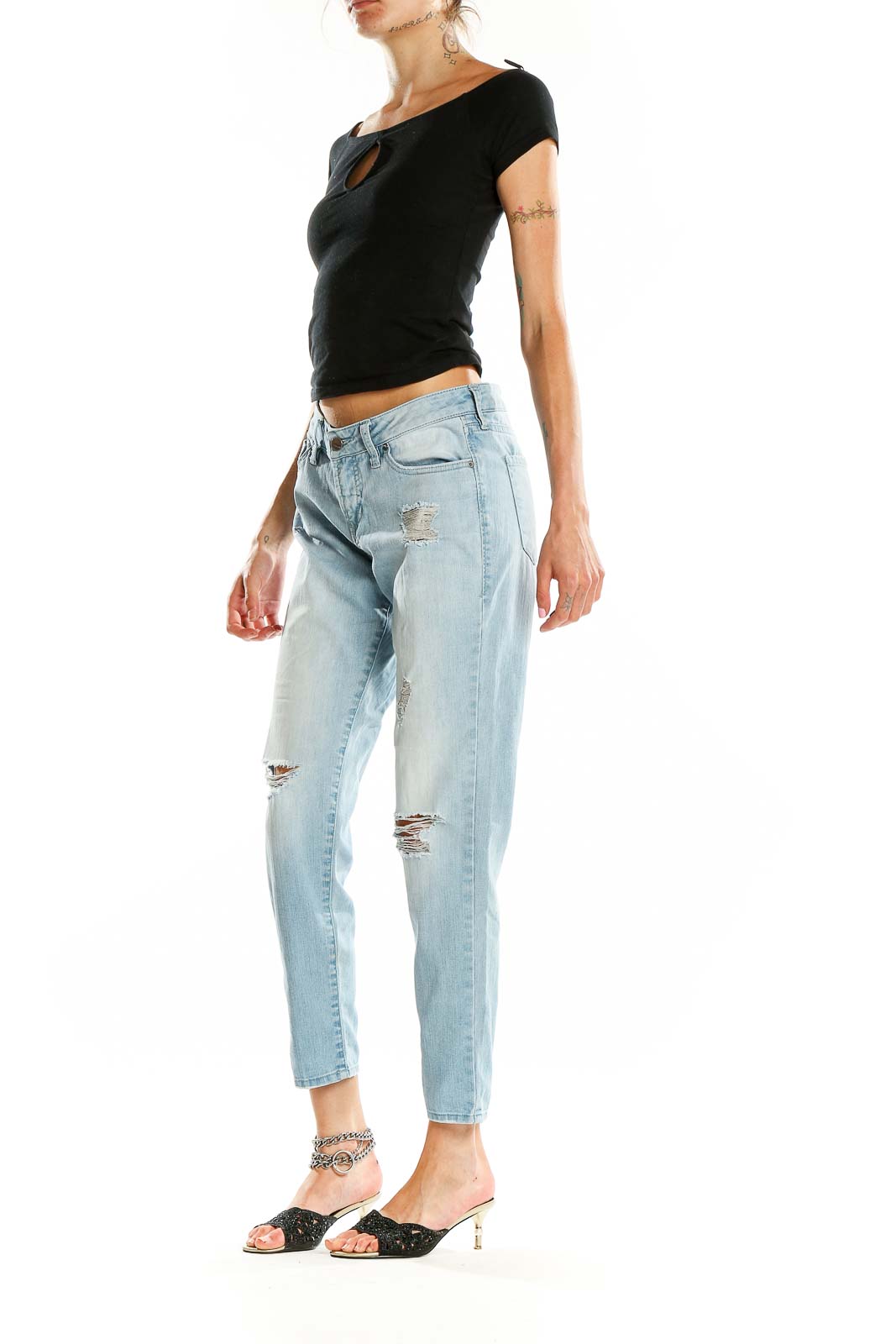 Front view of Dear John light blue distressed boyfriend jeans with rips