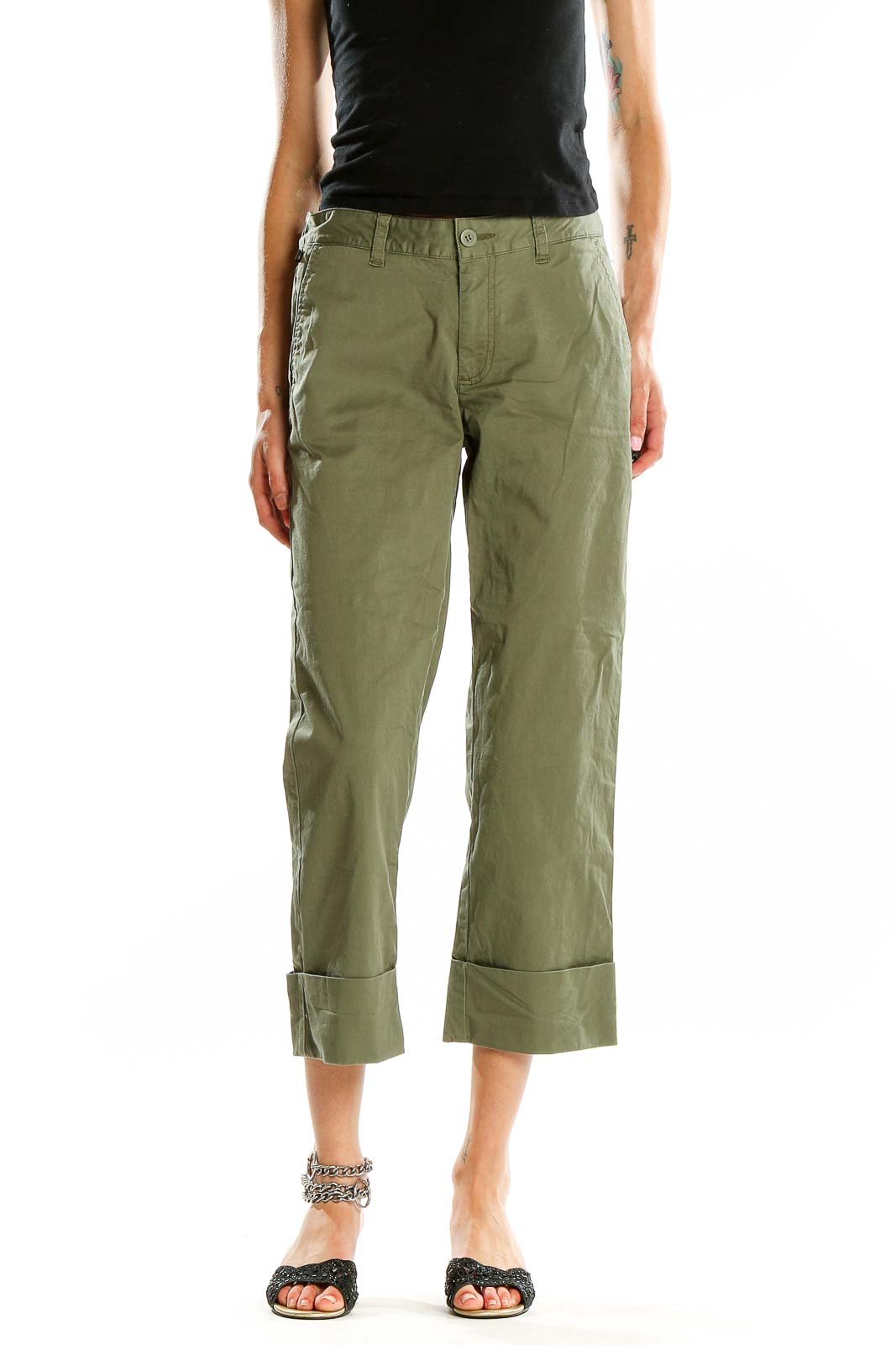 Front view of olive green cropped pants by Polo Jeans Co. Ralph Lauren