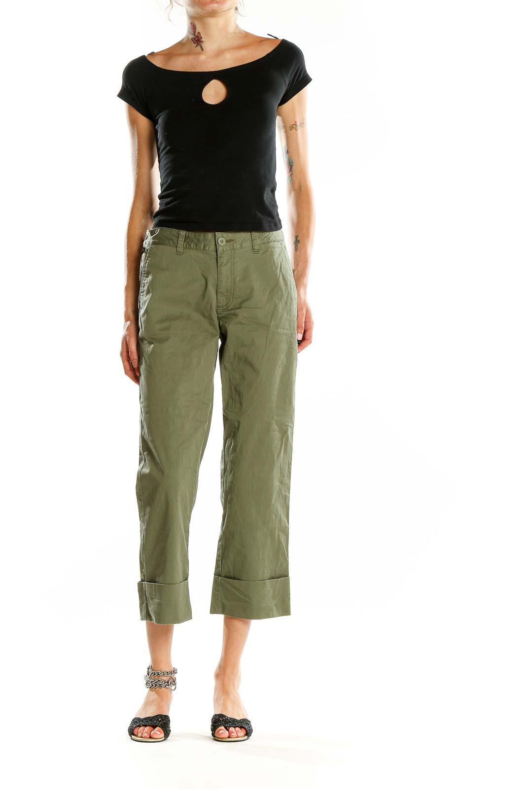 Front view of olive green cropped pants by Polo Jeans Co. Ralph Lauren