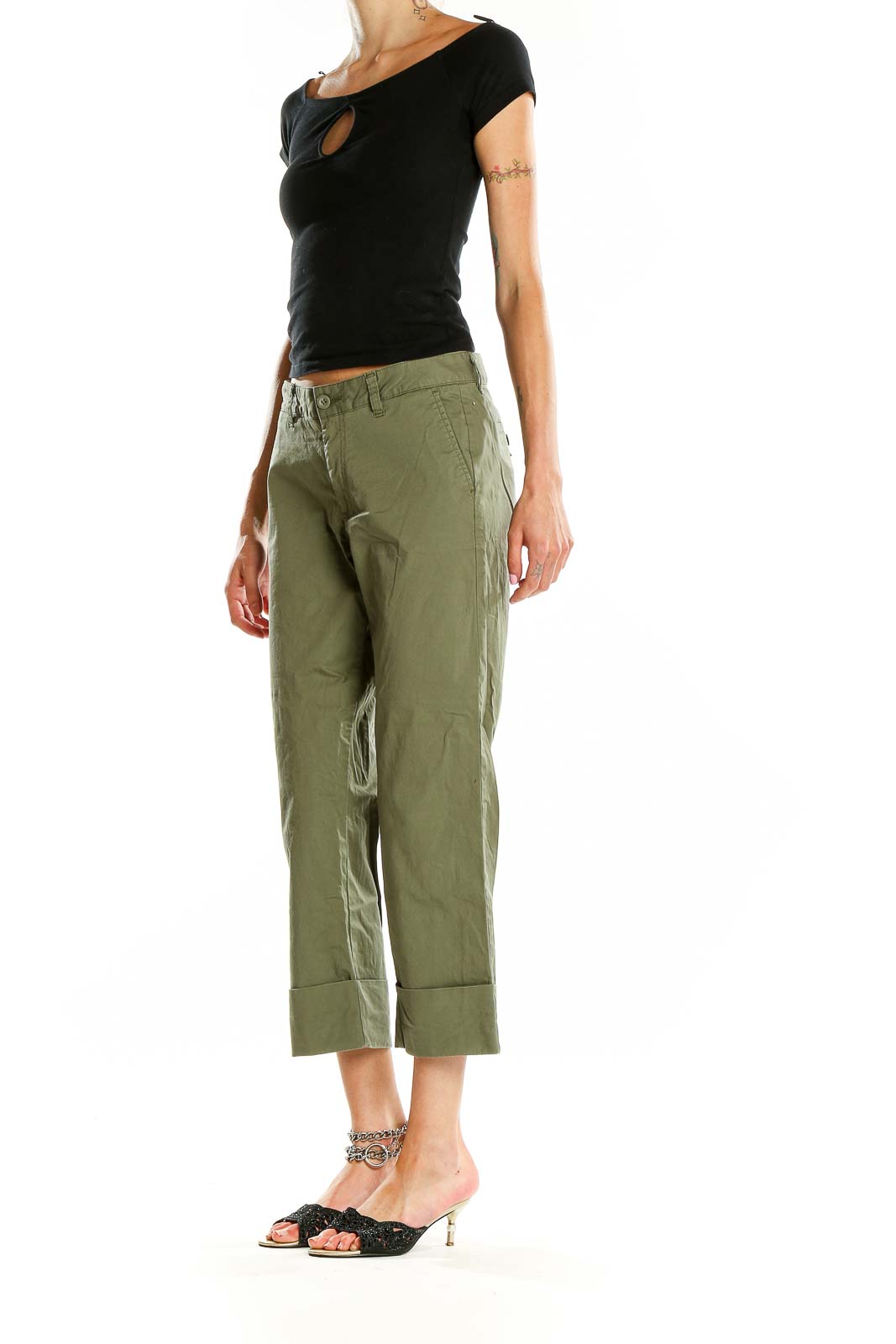 Front view of olive green cropped pants by Polo Jeans Co. Ralph Lauren