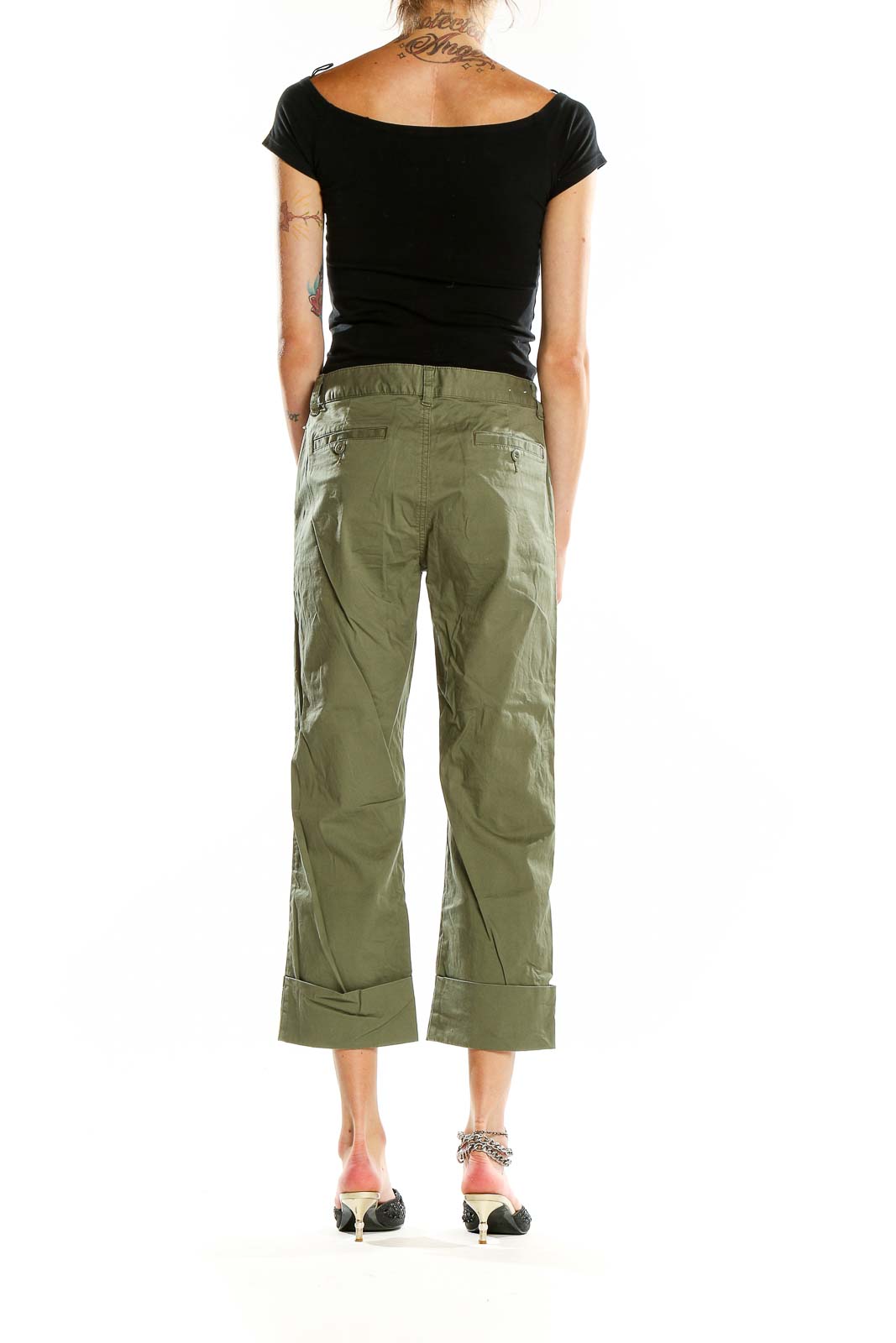 Back view of olive green cropped pants by Polo Jeans Co. Ralph Lauren