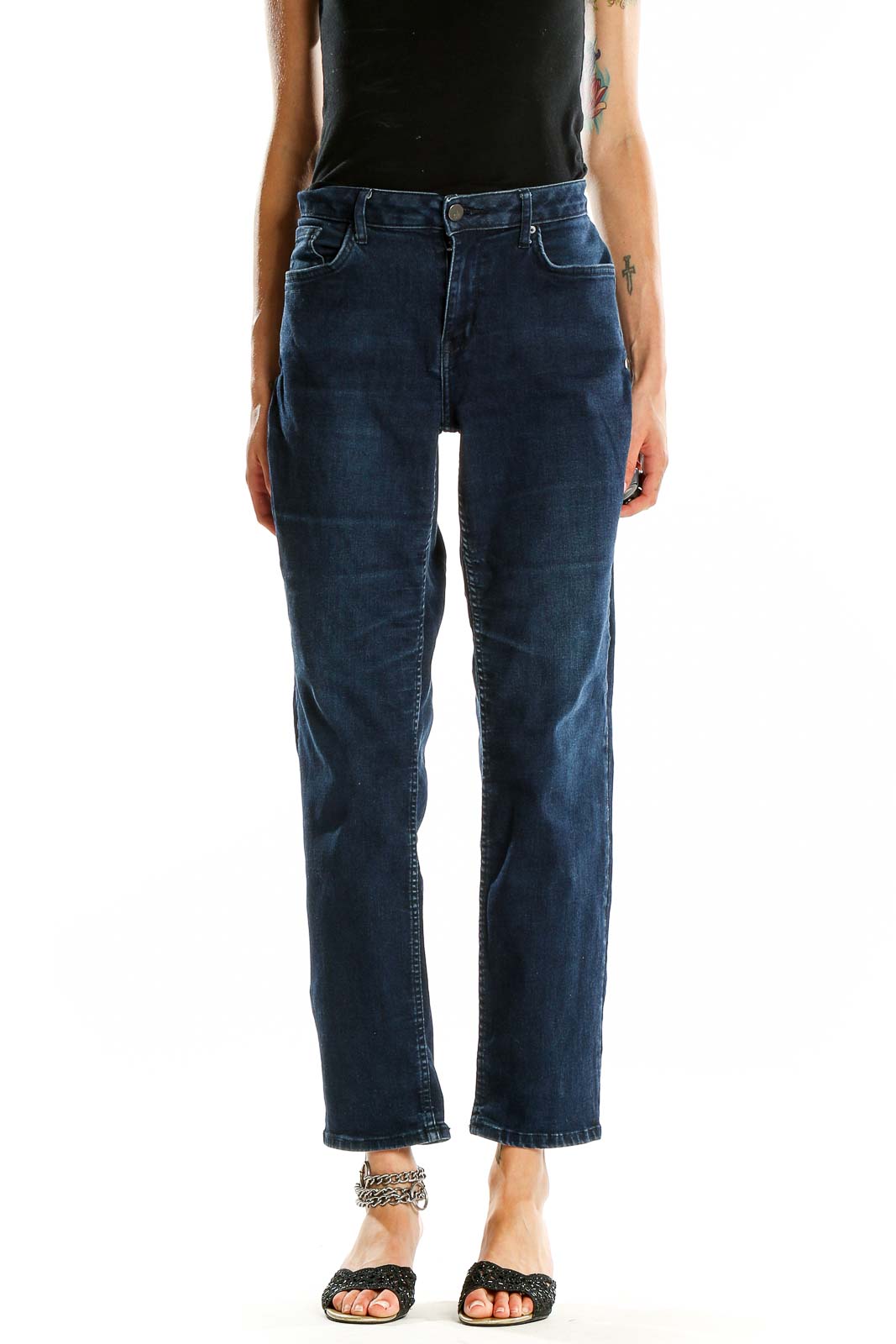 Front view of Calvin Klein dark blue relaxed fit jeans on model