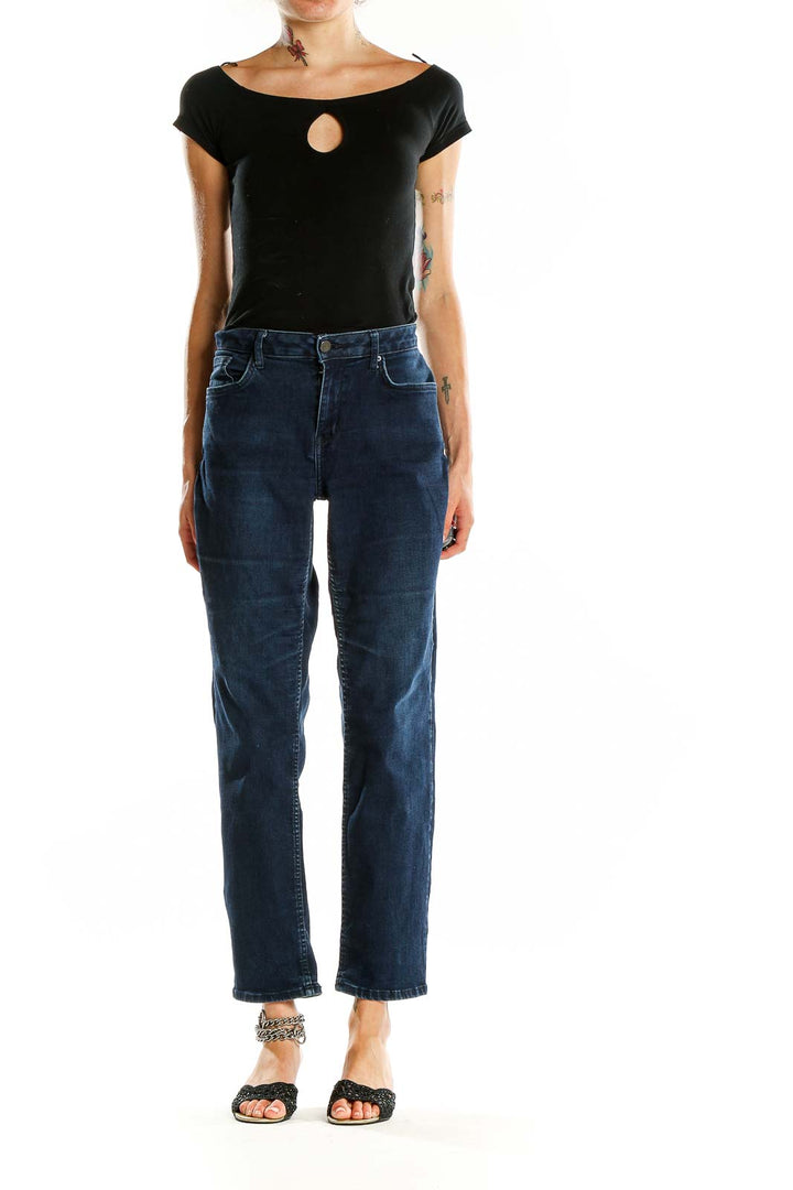 Front view of Calvin Klein dark blue relaxed fit jeans on model