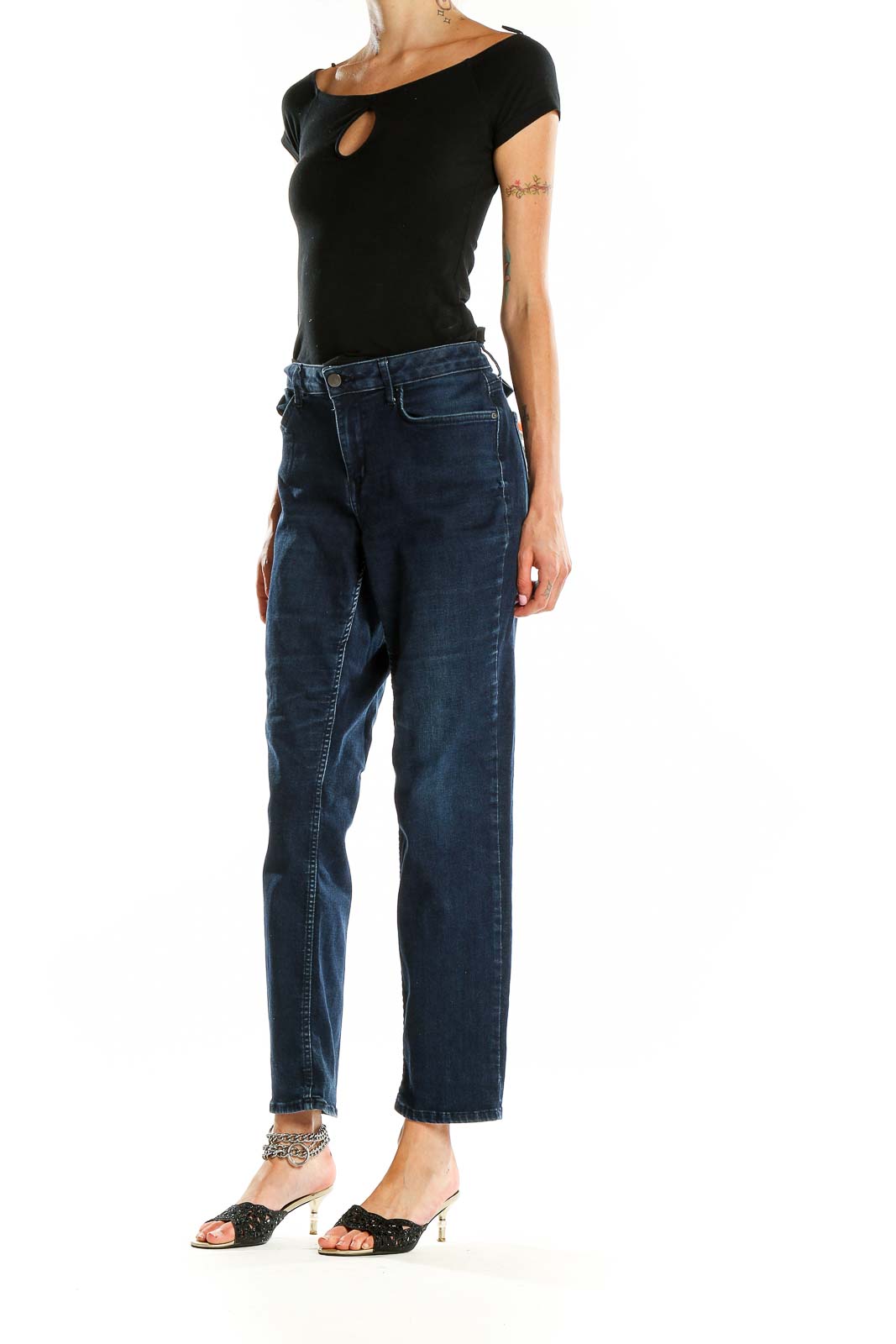 Front view of Calvin Klein dark blue relaxed fit jeans on model