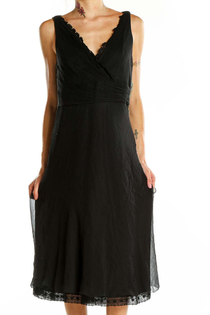 Front view of Elie Tahari black silk wrap midi dress with lace trim