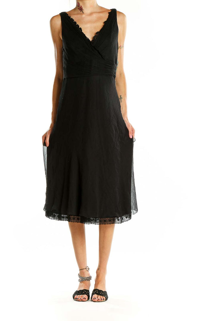 Front view of Elie Tahari black silk wrap midi dress with lace trim