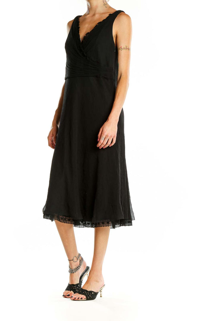 Front view of Elie Tahari black silk wrap midi dress with lace trim