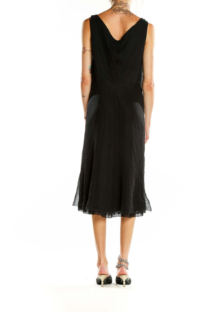 Back view of Elie Tahari black silk midi dress showing V-neckline