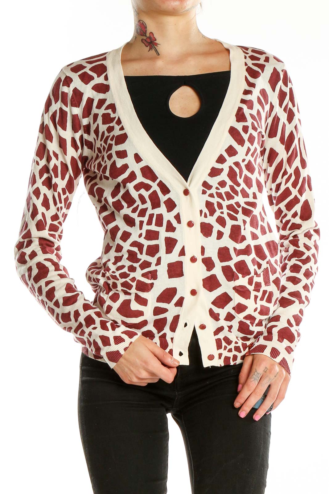 Front view of VOLCOM Red and White Giraffe Print Cardigan