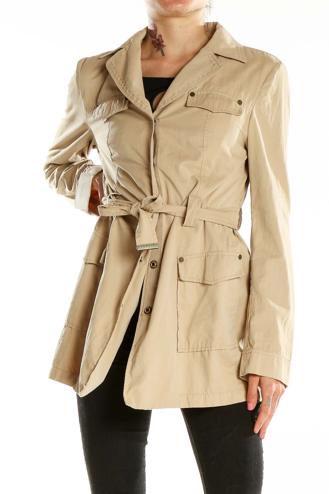 Front view of Tahari beige safari jacket with belted waist