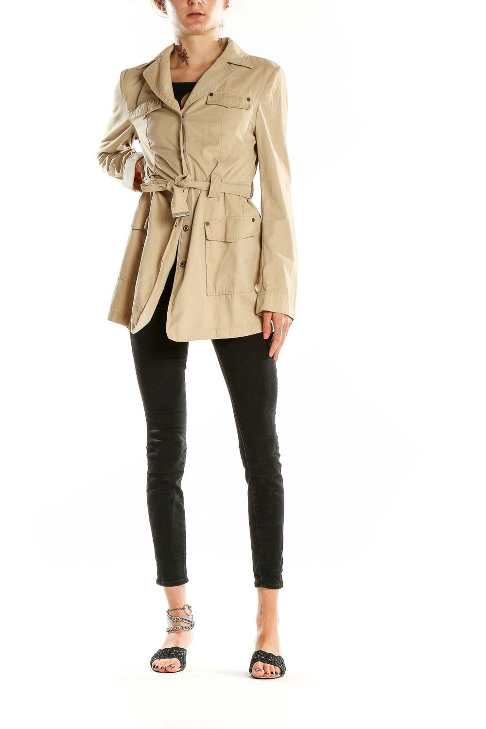 Front view of Tahari beige safari jacket with belted waist