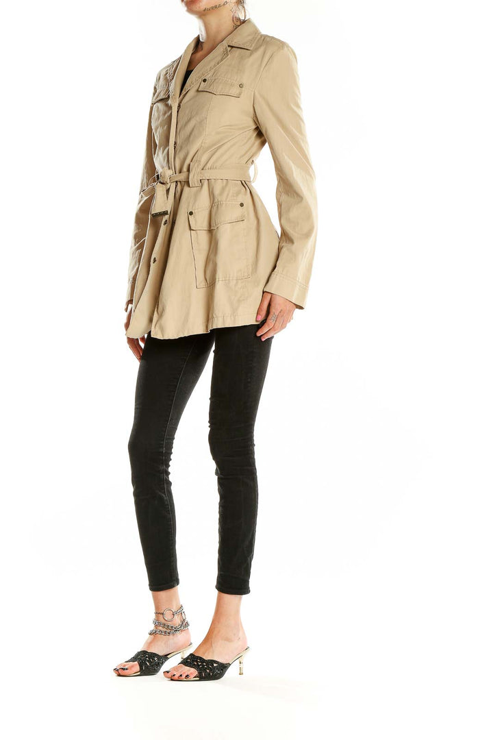 Front view of Tahari beige safari jacket with belted waist