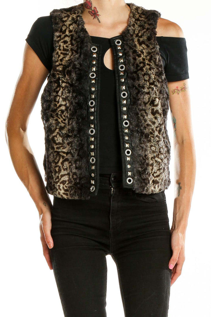 Front view of Cache brown leopard print faux fur vest with silver studs