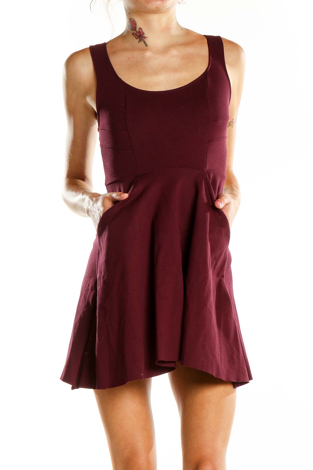 Front view of burgundy Kimchi Blue flared mini dress