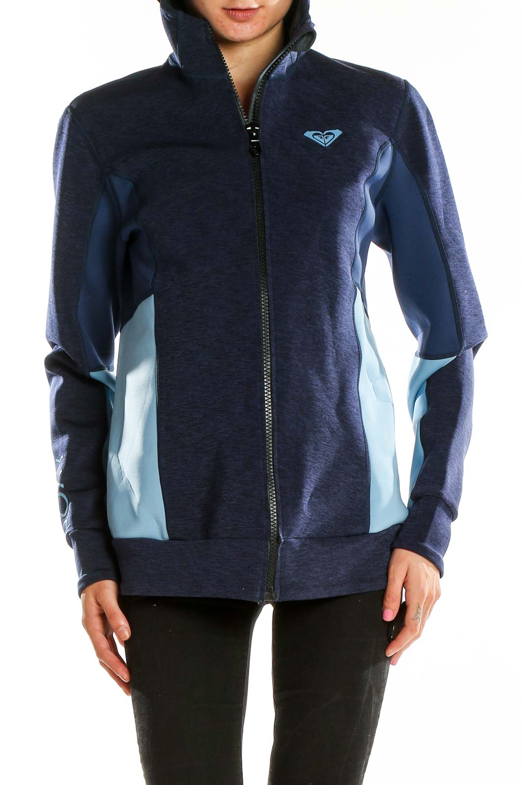 Front view of Roxy navy blue zip-up athletic jacket with light blue side panels