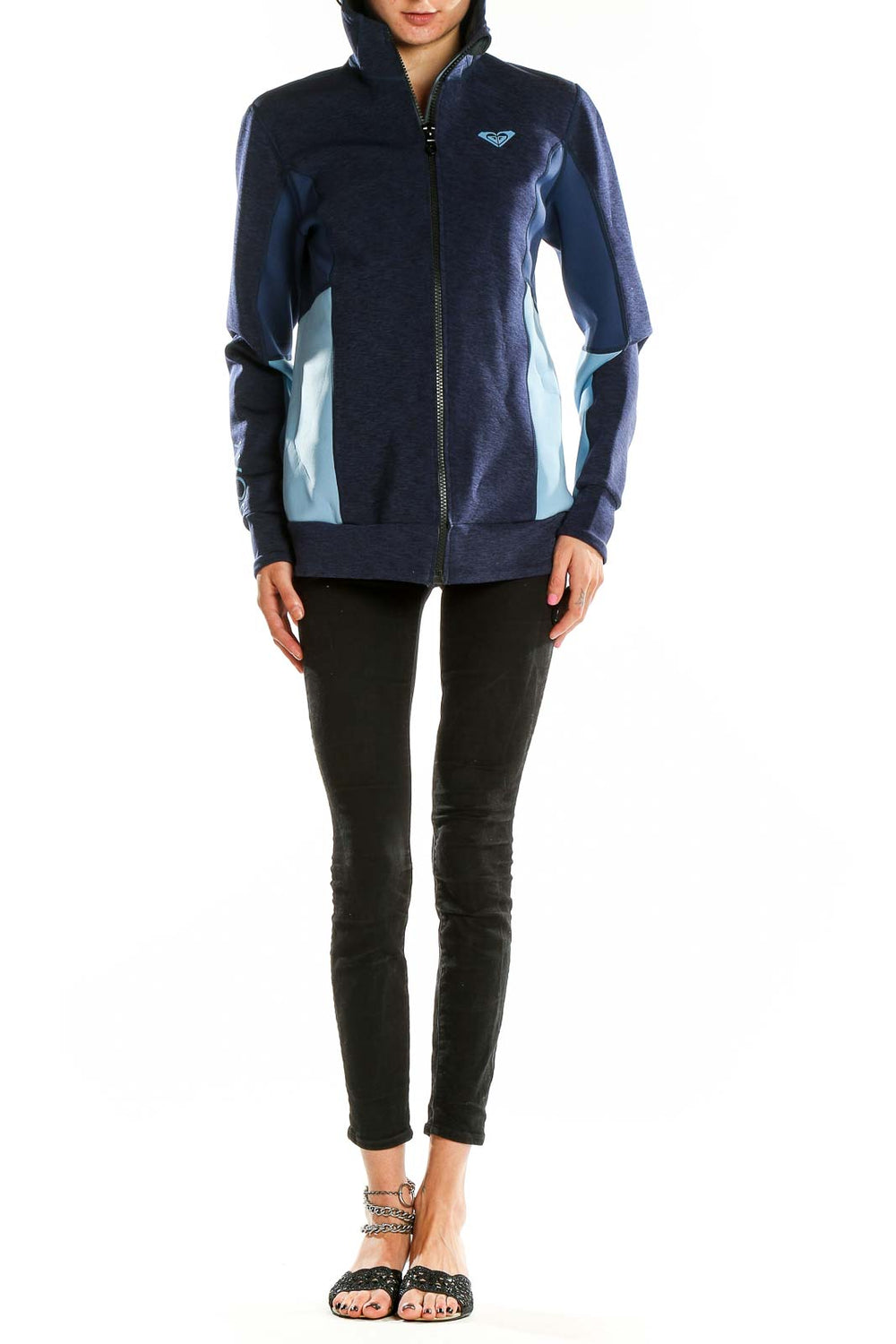 Front view of Roxy navy blue zip-up athletic jacket with light blue side panels