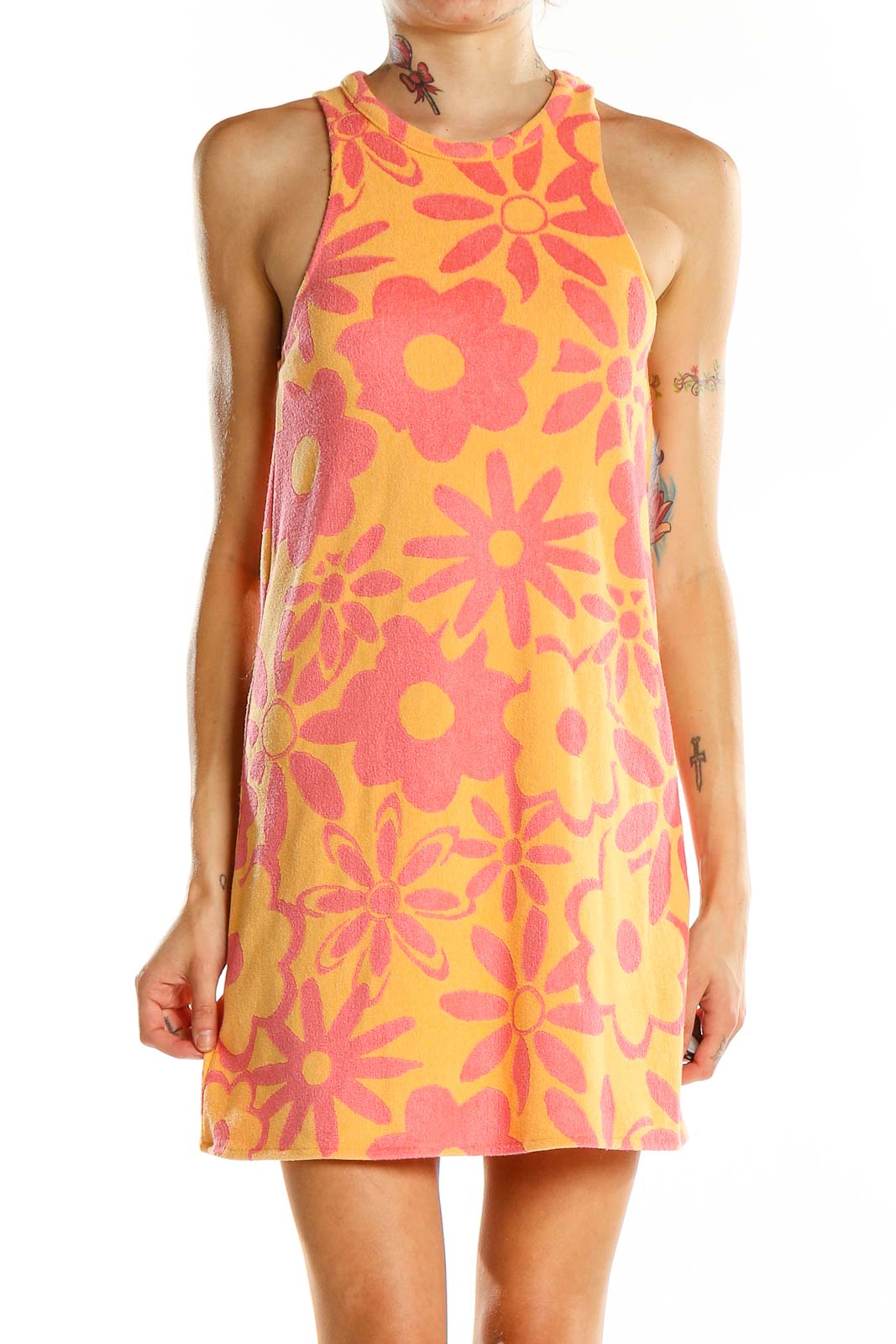 Front view of orange Zara mini dress with pink floral prints