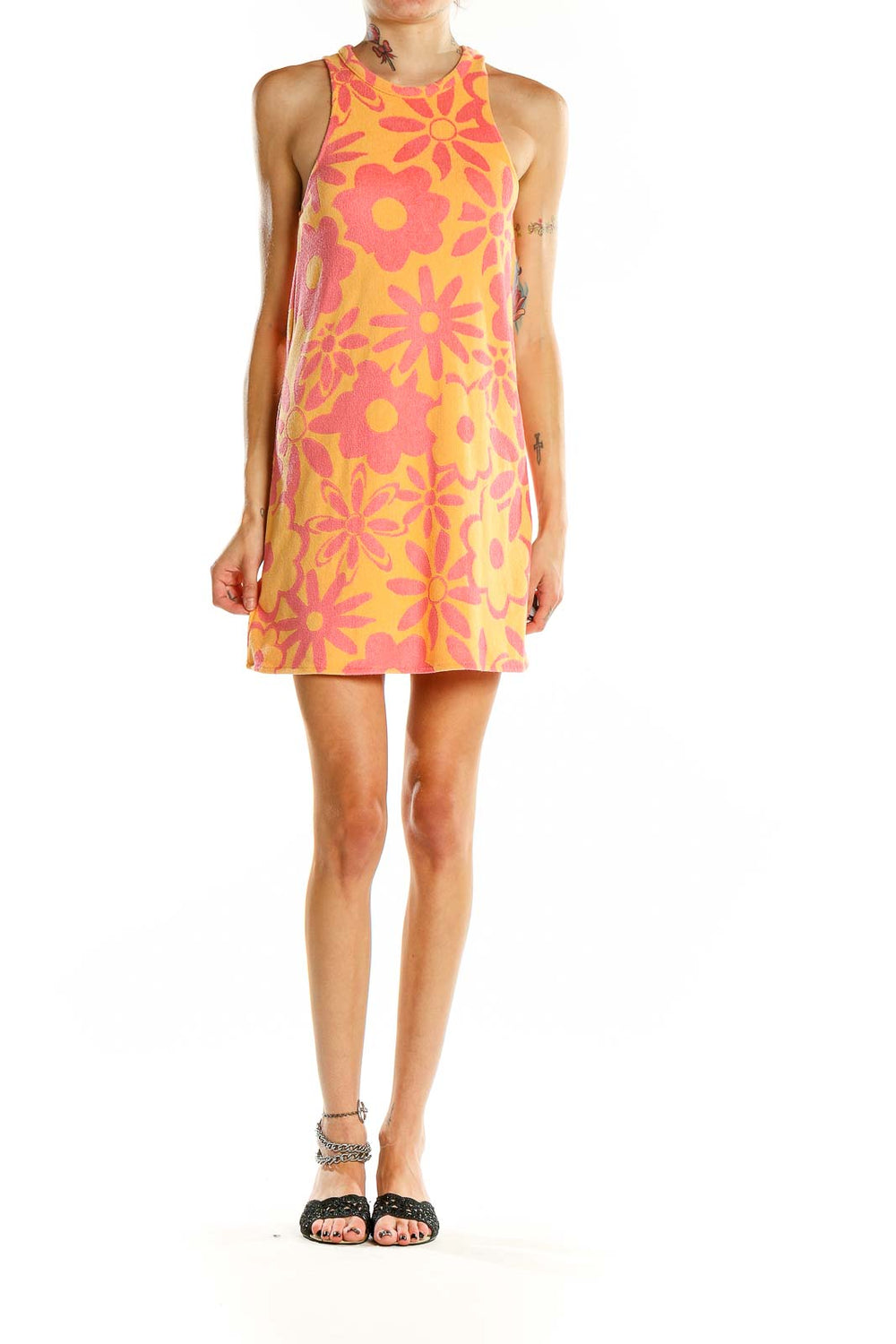 Front view of orange Zara mini dress with pink floral prints