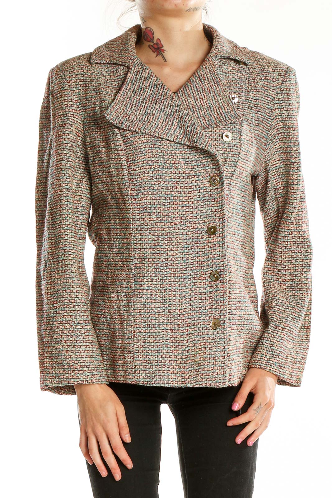 Front view of SilkRoll brown tweed asymmetrical button-up jacket