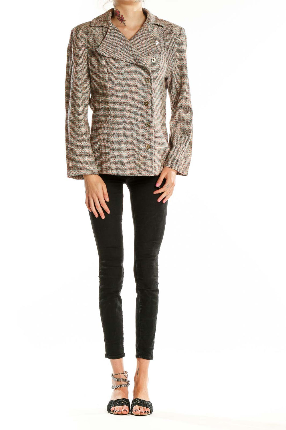 Front view of SilkRoll brown tweed asymmetrical button-up jacket