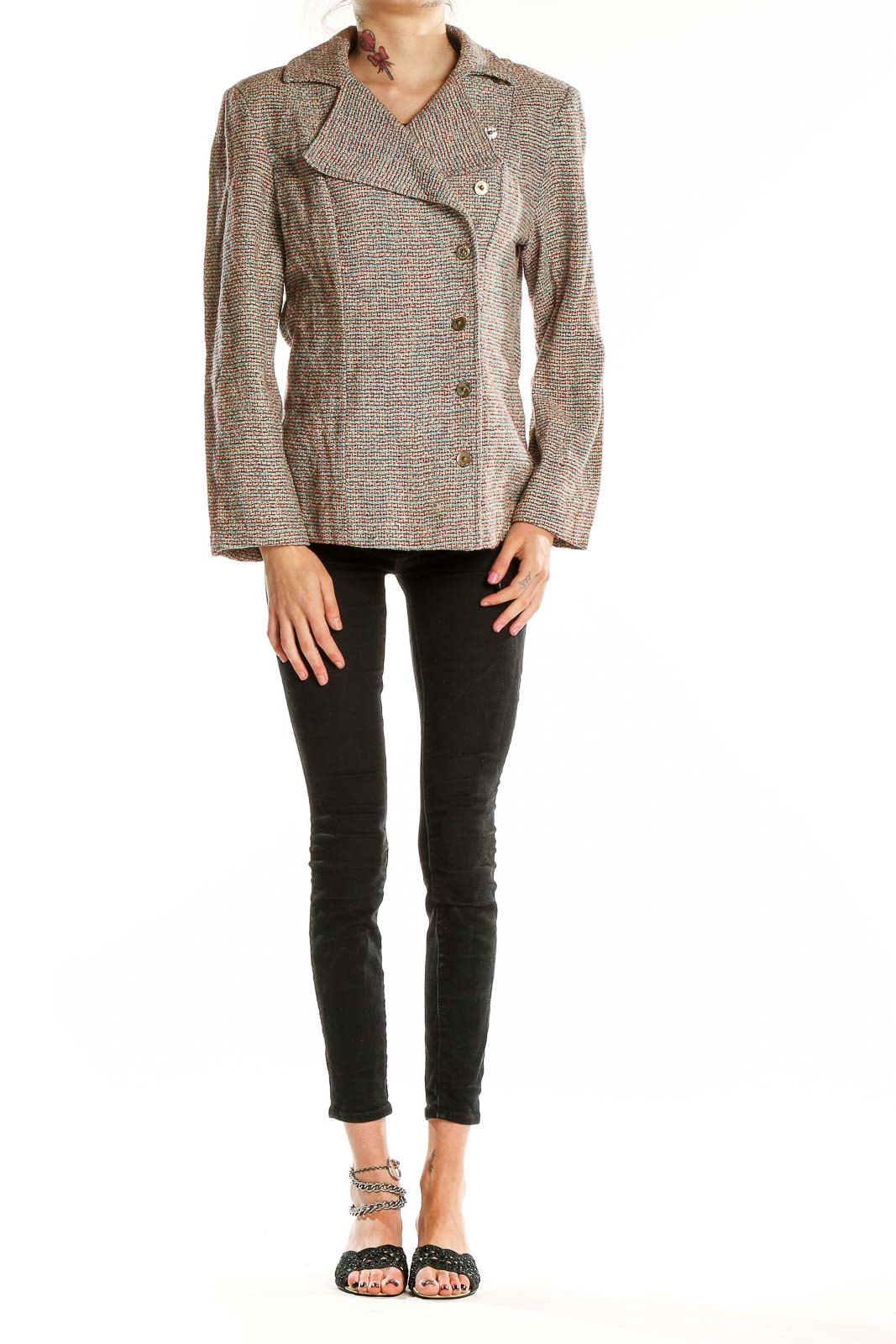 Front view of SilkRoll brown tweed asymmetrical button-up jacket