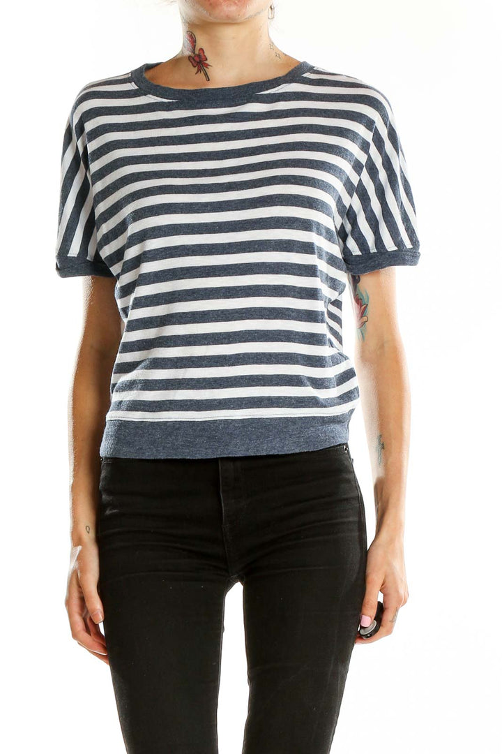 Front view of Rachel Zoe navy and white striped short-sleeve top