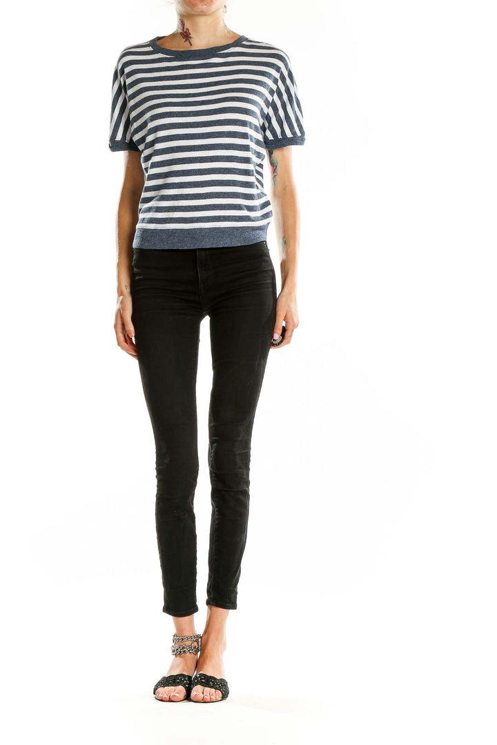 Front view of Rachel Zoe navy and white striped short-sleeve top