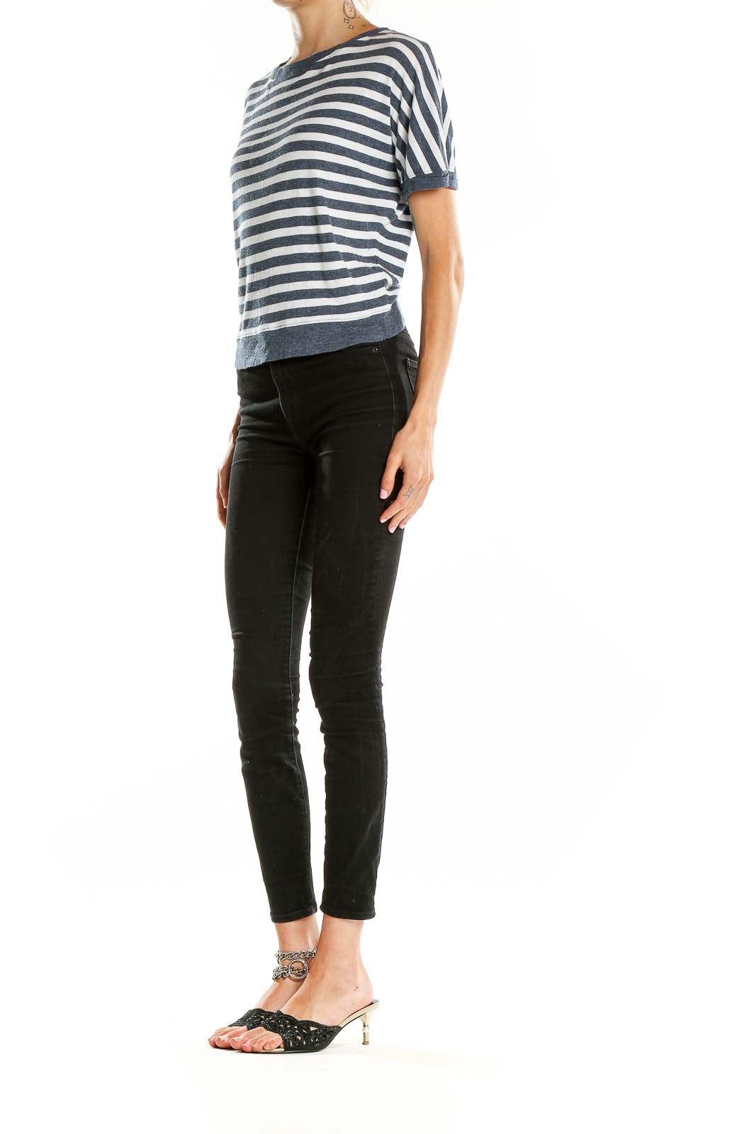 Front view of Rachel Zoe navy and white striped short-sleeve top