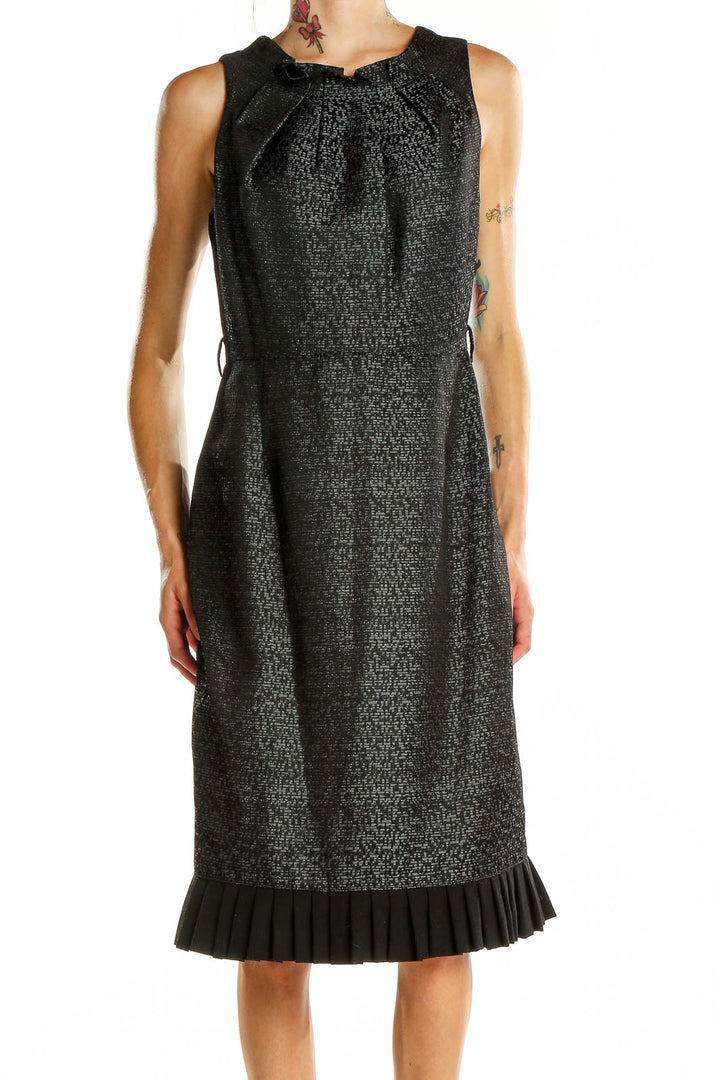 Front view of Kasper black textured sleeveless midi dress with pleated neckline