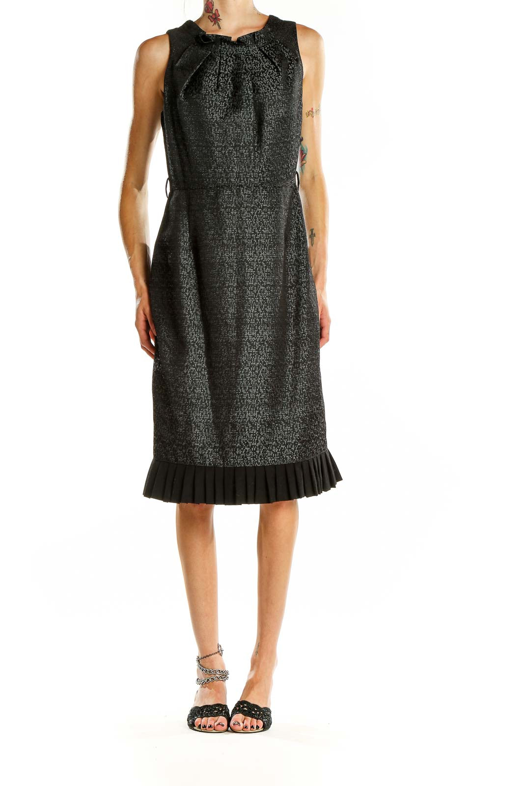 Front view of Kasper black textured sleeveless midi dress with pleated neckline