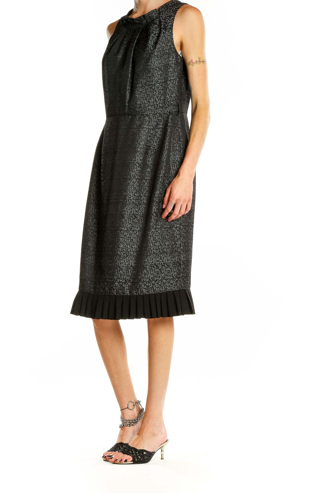 Front view of Kasper black textured sleeveless midi dress with pleated neckline