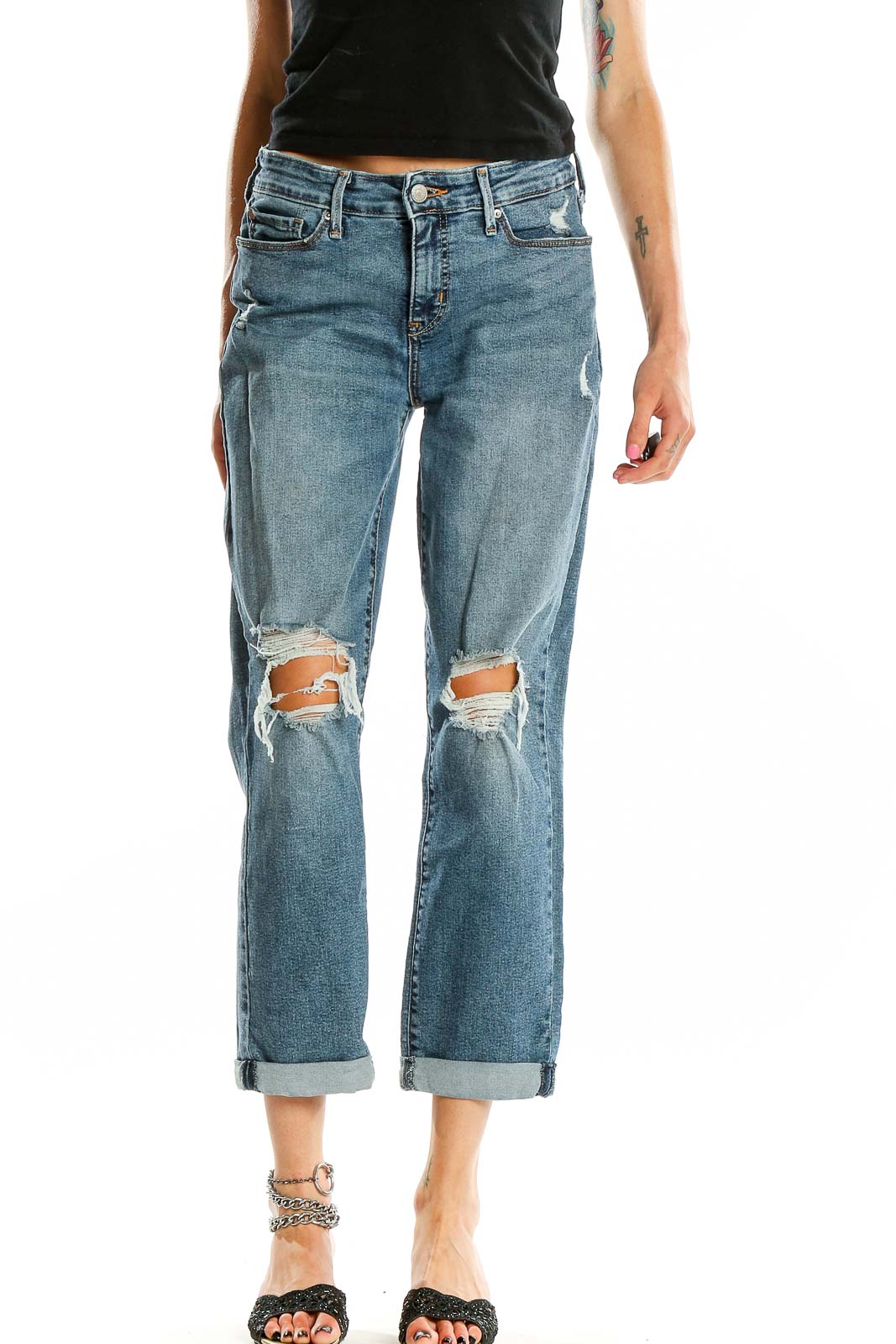 Front view of DENIZEN from Levi's blue distressed boyfriend jeans with knee rips