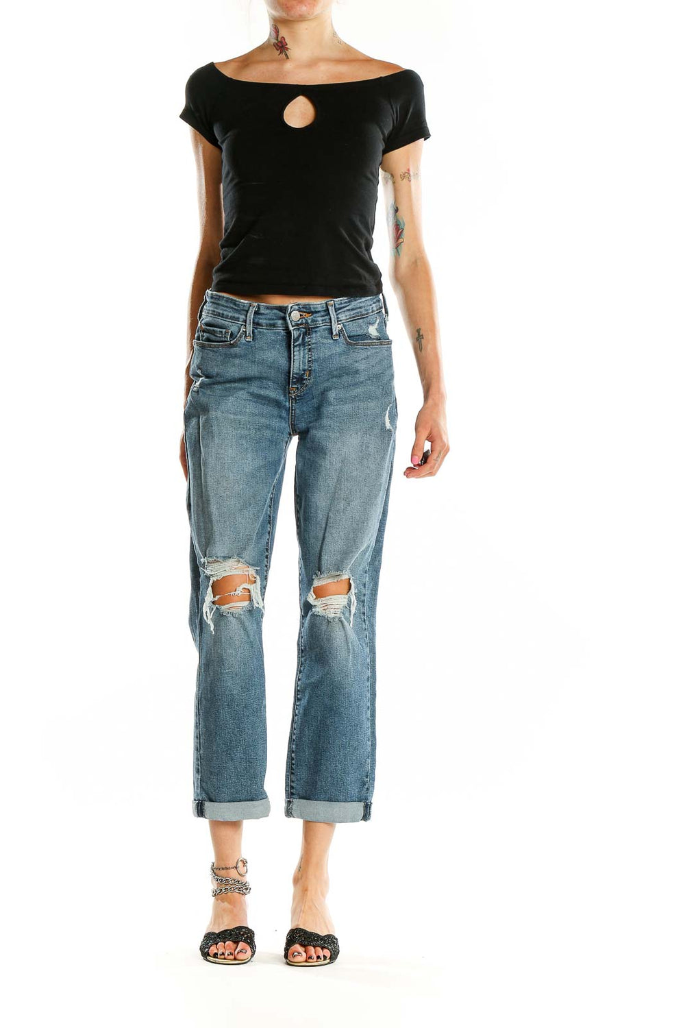 Front view of DENIZEN from Levi's blue distressed boyfriend jeans with knee rips